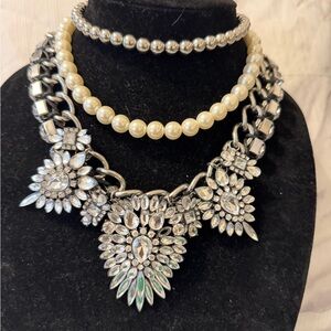 Three-Layer Statement Necklace Set Pearls, Silver Beads Crystal Floral Necklace